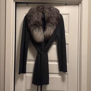 Holt Renfrew Black Ribbed Cashmere Knit Cardigan with Fox Fur Collar
